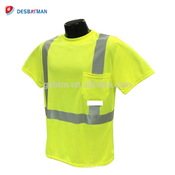 100% Polyester Yellow Safety Hi Vis Short Sleeve Work T-Shirt With Reflective Tape Striped 360 Degree Visibility ANSI Class 2